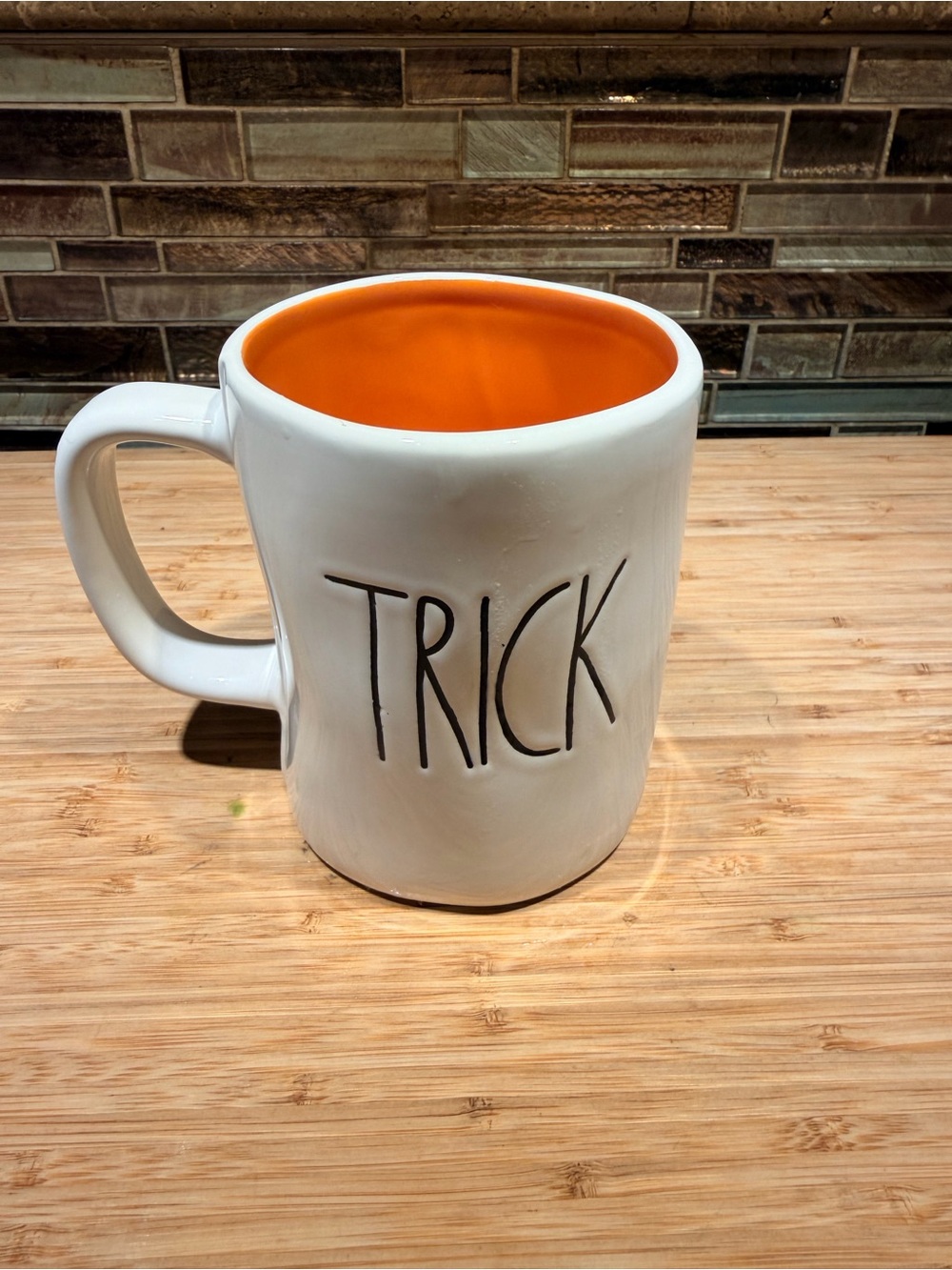 Magenta White Mug with Orange Interior and TRICK  TREAT Lettering